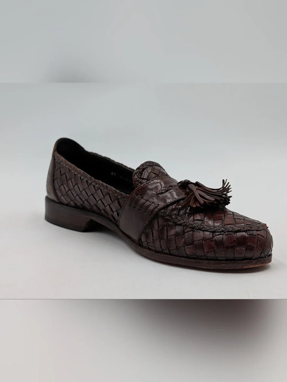 Bragano Size 10M Men's Oxblood-Brown Woven Leather Tassel Loafers Made in Italy
